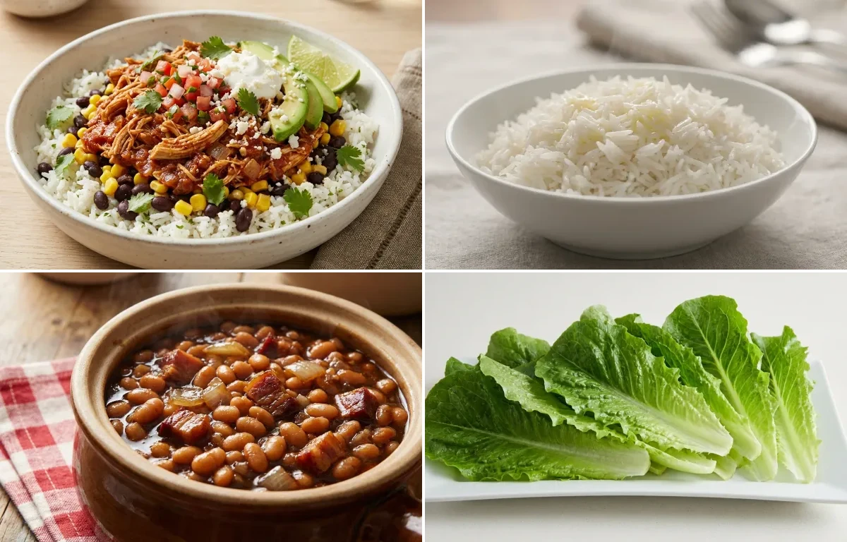 Chicken Tinga Burrito Bowl with Steamed Basmati Rice, Boston Baked Beans, Lettuce Leaves and Corn and Black Bean Salsa