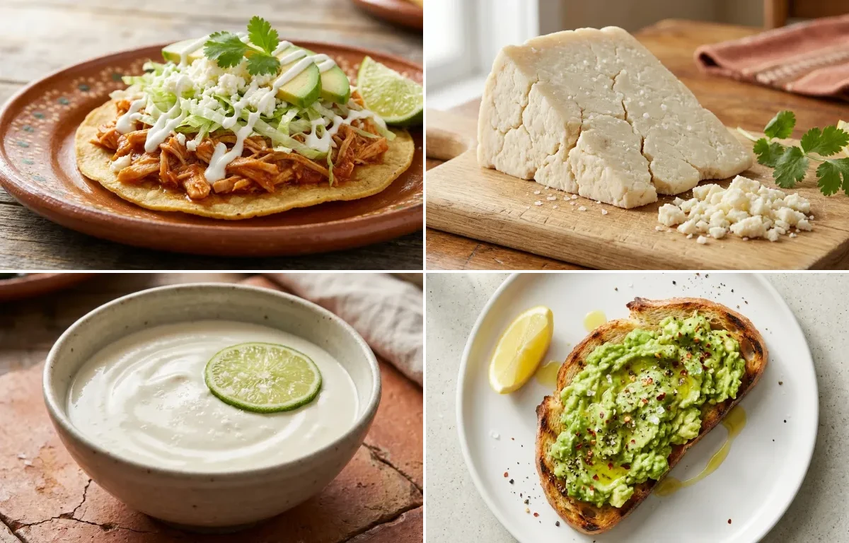 Chicken Tinga Tostadas with Cotija Cheese, Mexican Crema and Avocado Toast