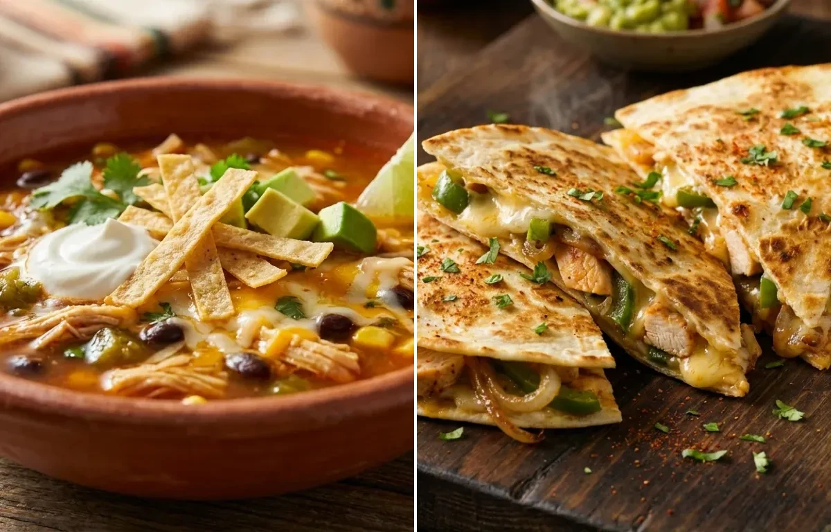 Chicken Tortilla Soup with Green Chiles with Chicken Quesadilla Triangles