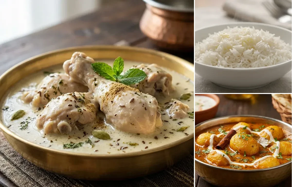 Chicken Yakhni with Steamed Basmati Rice and Punjabi Dum Aloo