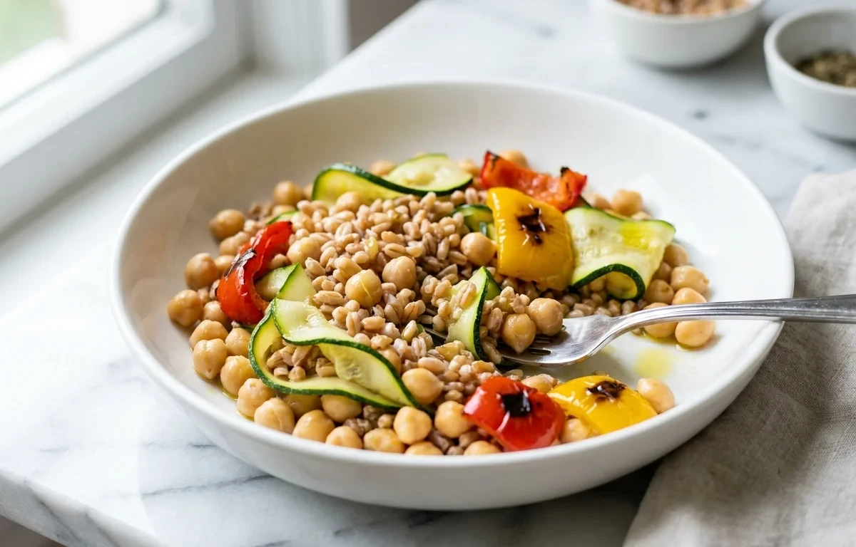 Chickpea Farro Bowl with Roasted Vegetables and Lemon Tahini