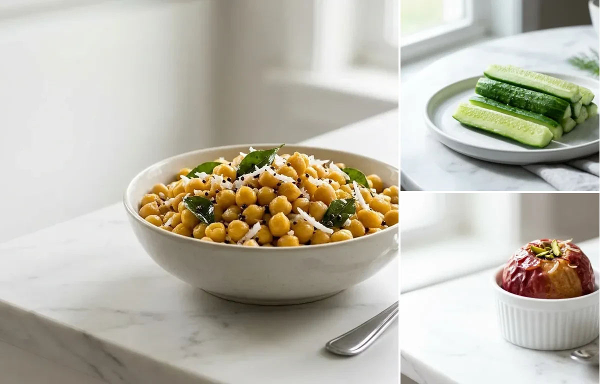 Chickpea Sundal with Cucumber Sticks with Apple
