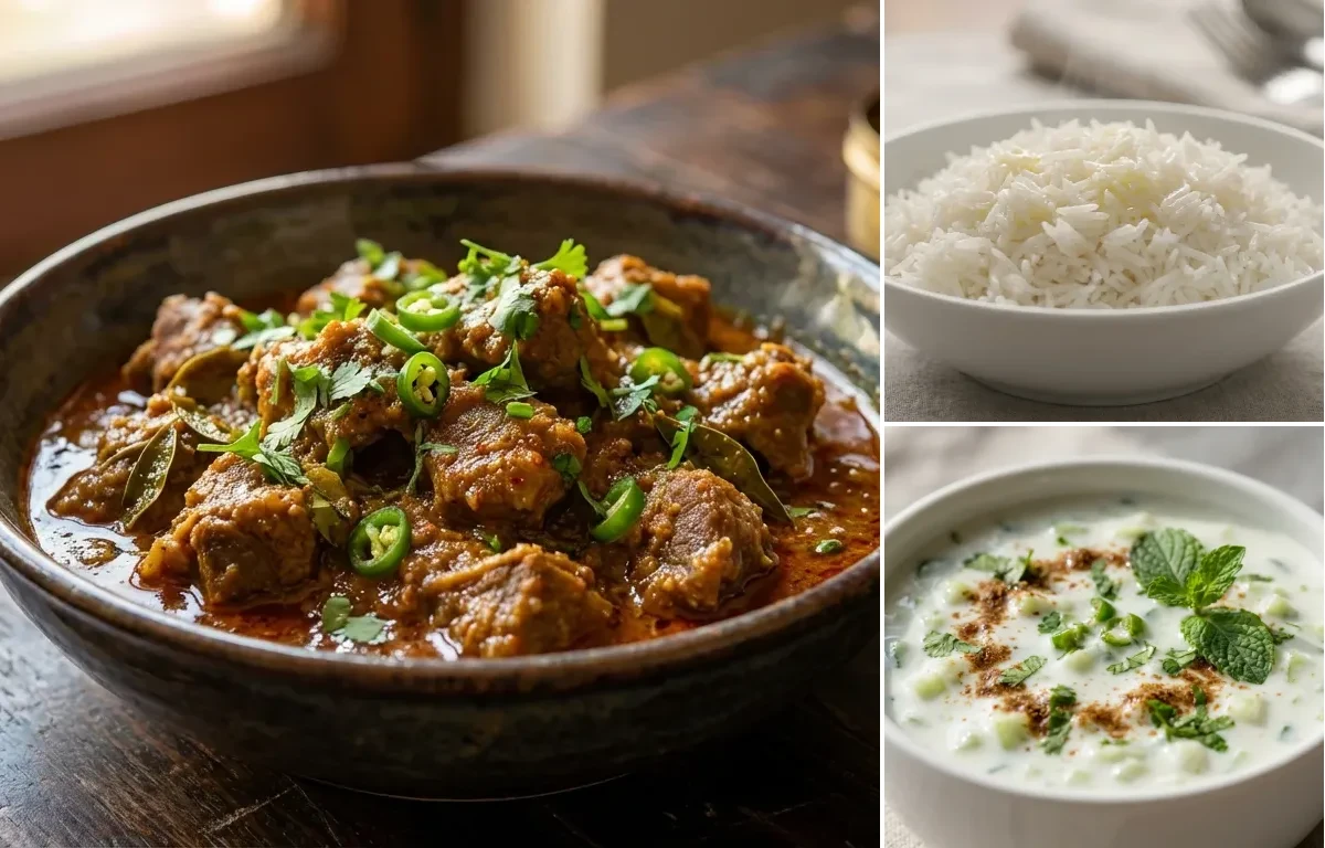 Chigur Gosht with Steamed Basmati Rice and Cucumber Raita