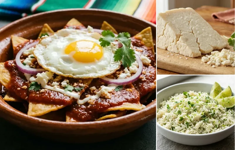 Chilaquiles Rojos with Cotija Cheese and Cilantro Lime Rice