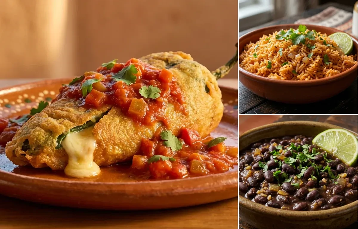 Chiles Rellenos with Spanish Rice and Savory Black Beans