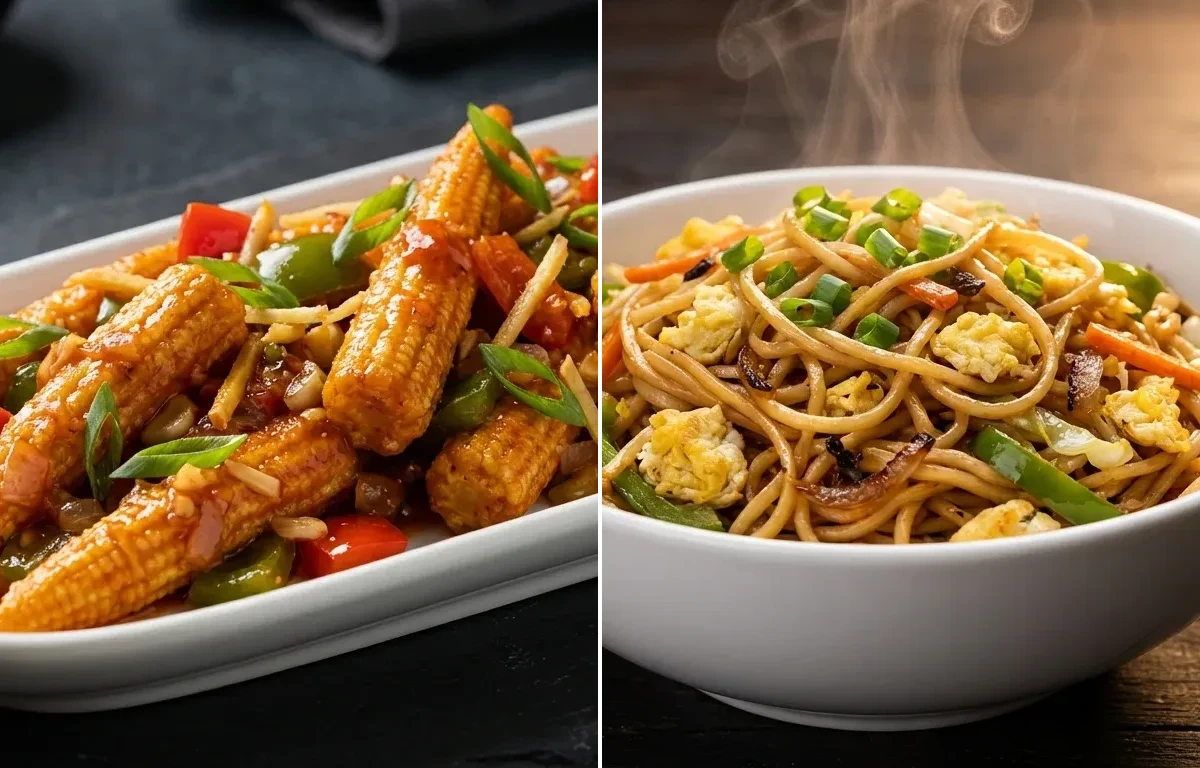 Chilli Baby Corn with Egg Hakka Noodles