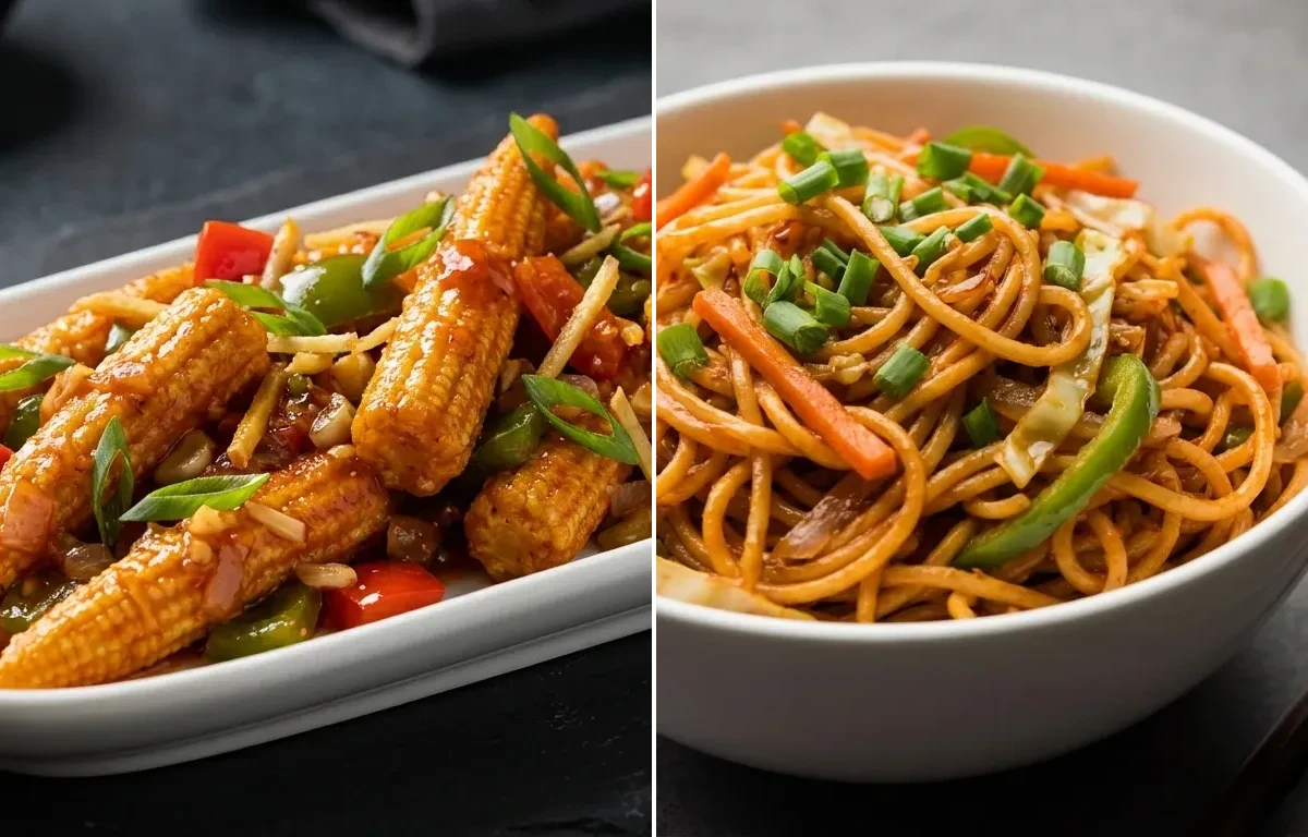 Chilli Baby Corn with Schezwan Noodles