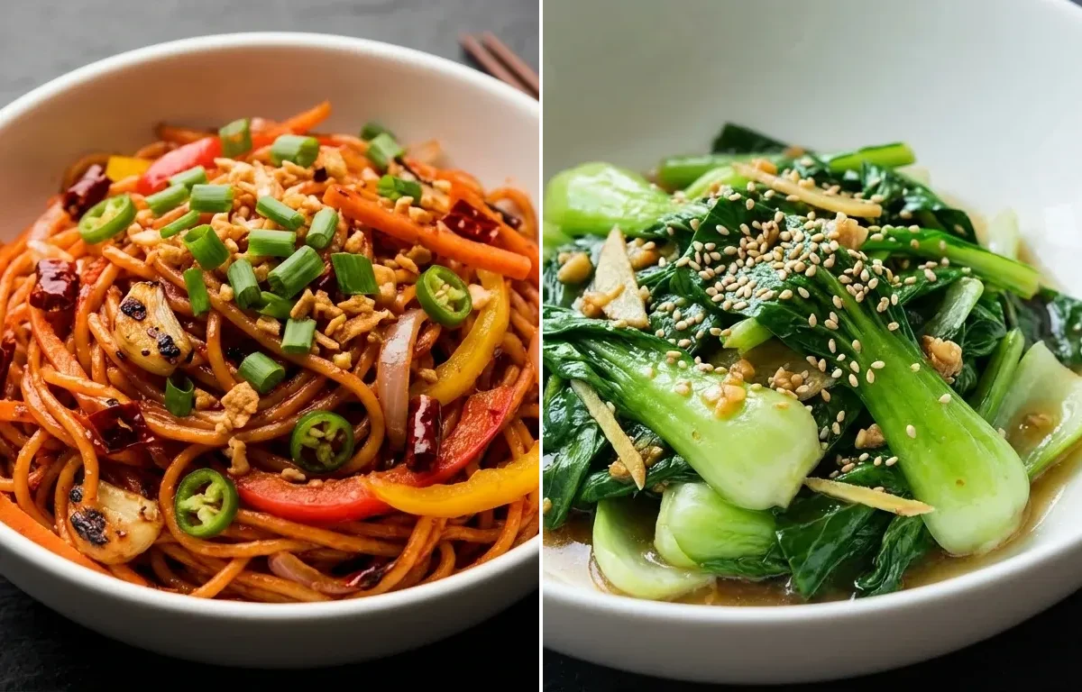 Chilli Garlic Noodles with Stir Fried Asian Greens