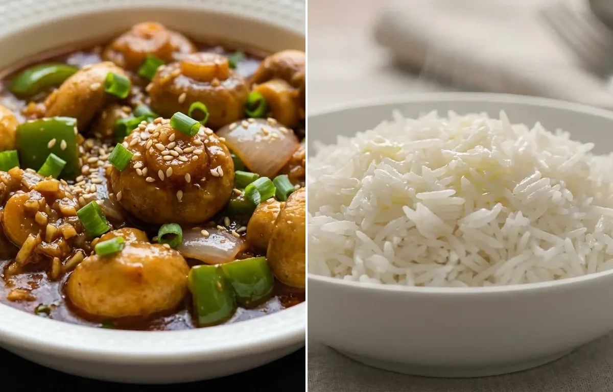 Chilli Mushroom Gravy with Steamed Basmati Rice