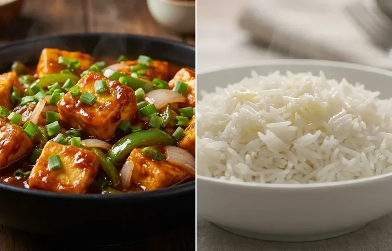 Chilli Paneer Gravy with Steamed Basmati Rice