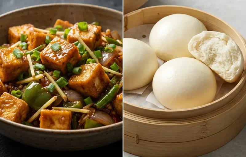 Chilli Tofu Dry with Steamed Bao Buns