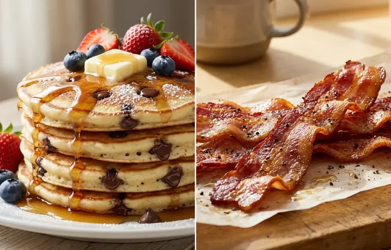Chocolate Chip Pancakes with Pan-Fried Bacon Strips