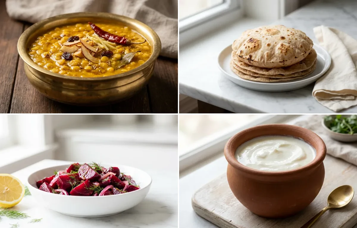 Cholar Dal with Steamed White Rice with Whole-Wheat Phulka with Beetroot Salad with Curd