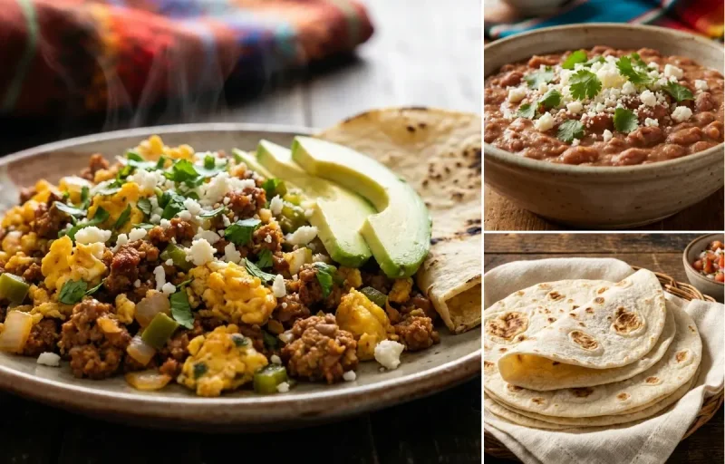 Chorizo con Huevos with Tex-Mex Refried Beans and Tortillas