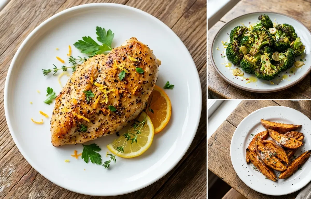 Citrus-Pepper Chicken Breast with Roasted Broccoli and Baked Sweet Potato Wedges