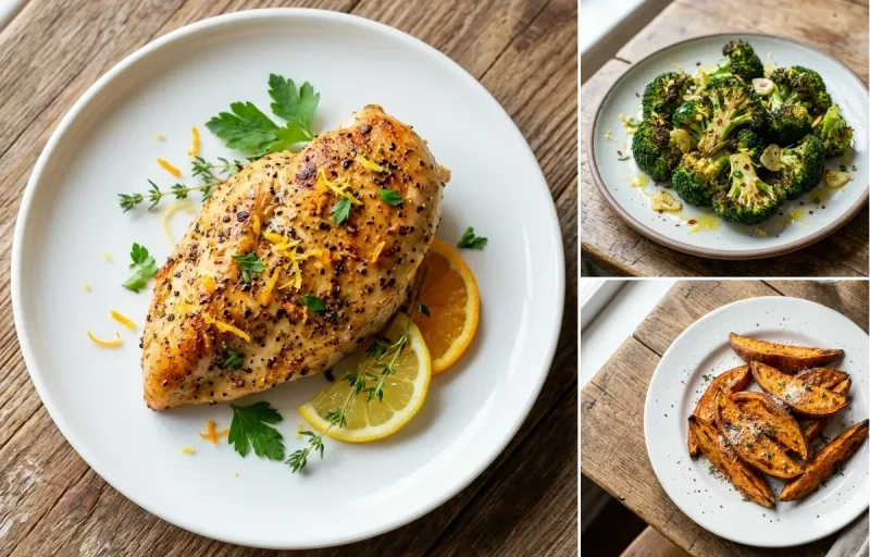 Citrus-Pepper Chicken Breast with Roasted Broccoli and Baked Sweet Potato Wedges