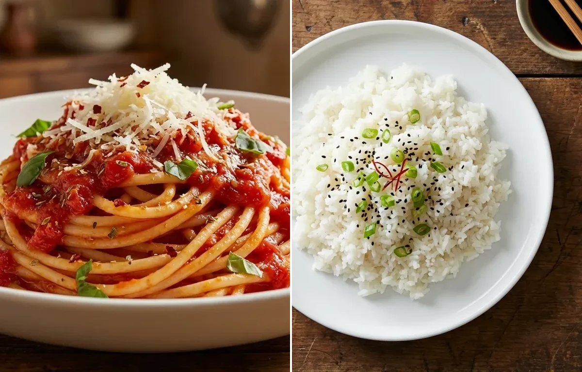 Pasta with Marinara Sauce with Steamed White Rice