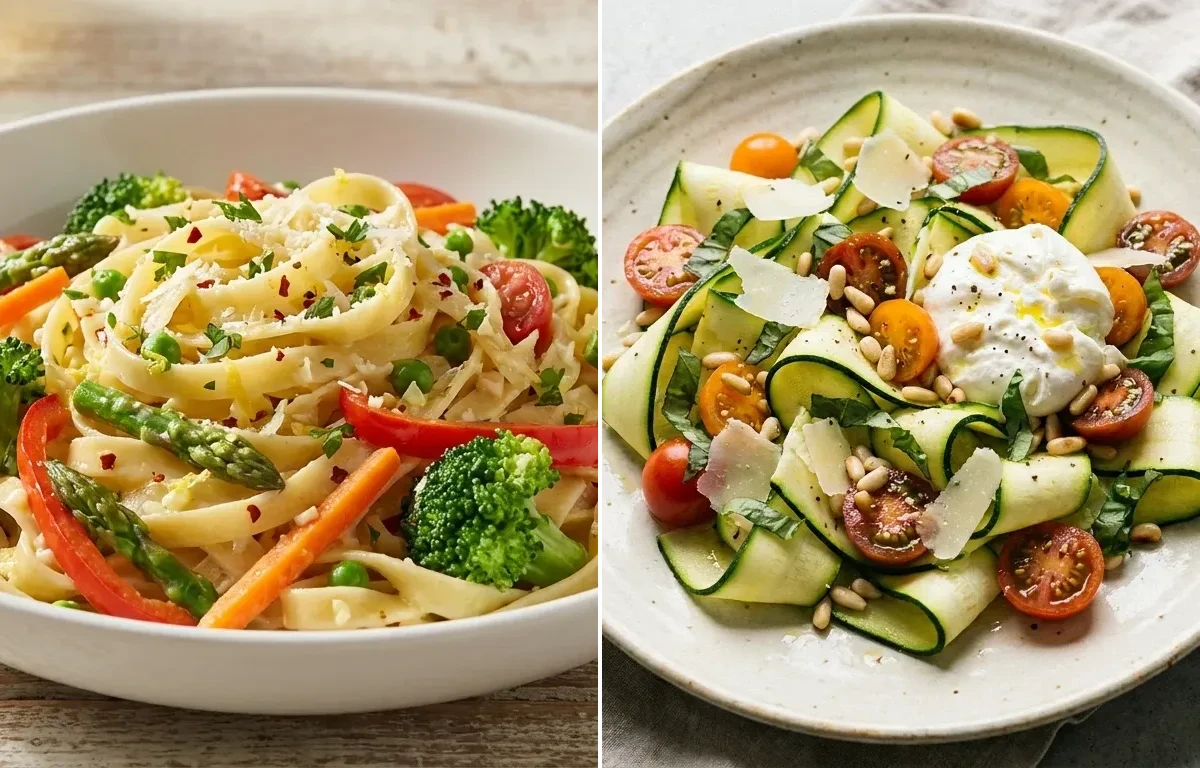 CKD Pasta Primavera with Zucchini Ribbon Salad and Chicken Vegetable Stew
