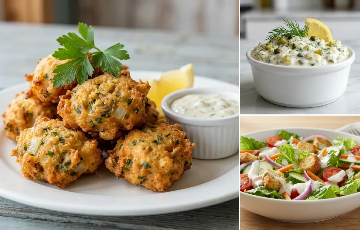 Clam Fritters with Eggless Tartar Sauce and Side Salad