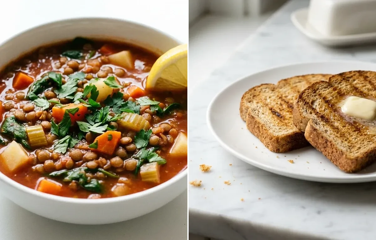 Classic Lentil Vegetable Soup with Toasted Whole Wheat Bread