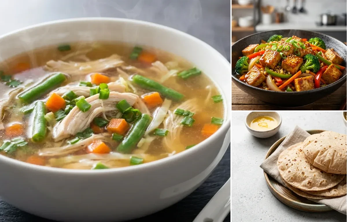 Clear Chicken Soup with Roti and Stir-fried Vegetables