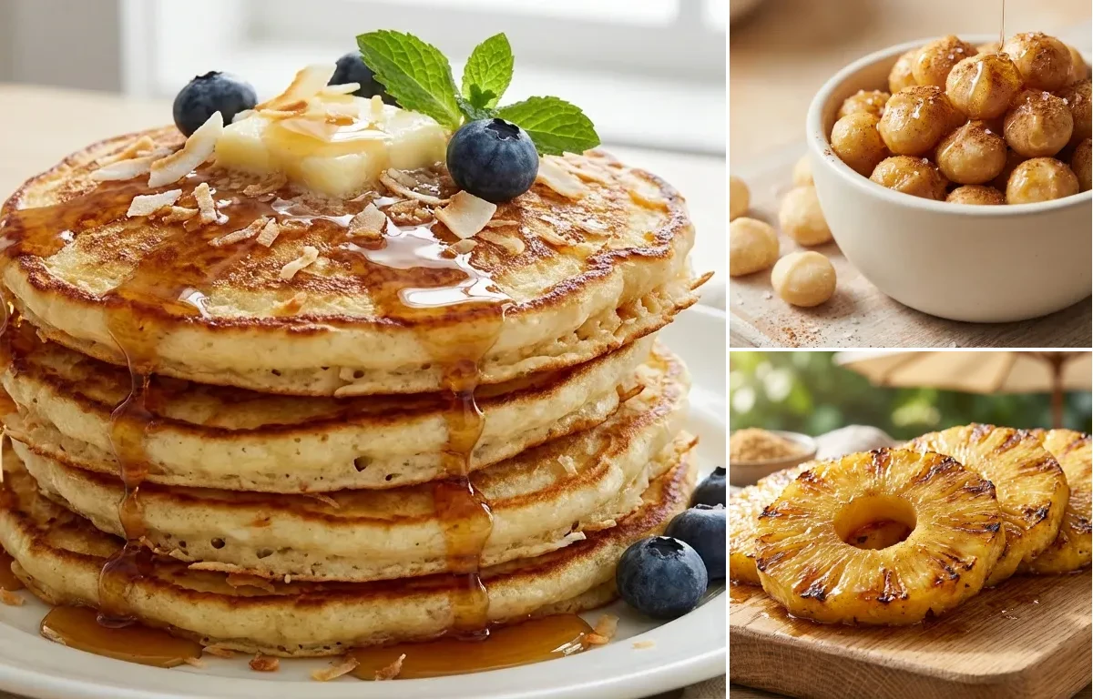 Coconut Pancakes with Honey Roasted Macadamia Nuts and Grilled Pineapple