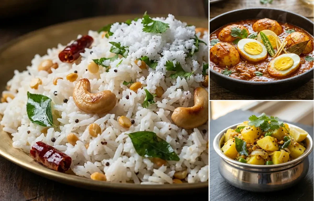 Coconut Rice with Egg Masala Curry and Potato Palya