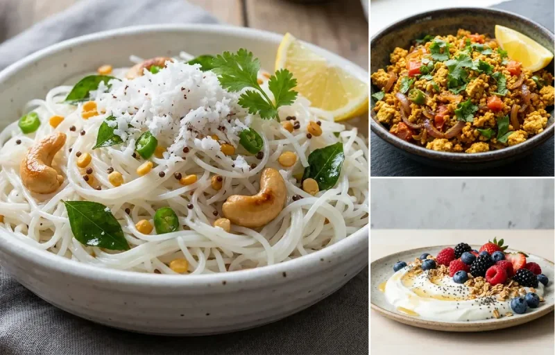 Coconut Sevai with Tofu Bhurji, Coconut Mint Chutney, Yogurt Berry Bowl and Curd Rice Snack Bowl