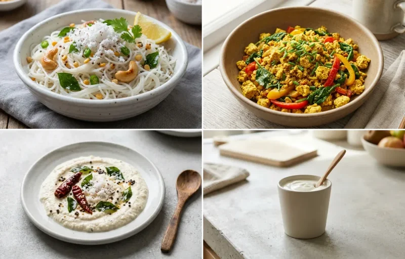 Coconut Sevai with Tofu Scramble, Coconut Chutney No-Salt, Cucumber Chaat and Plain Yogurt Cup