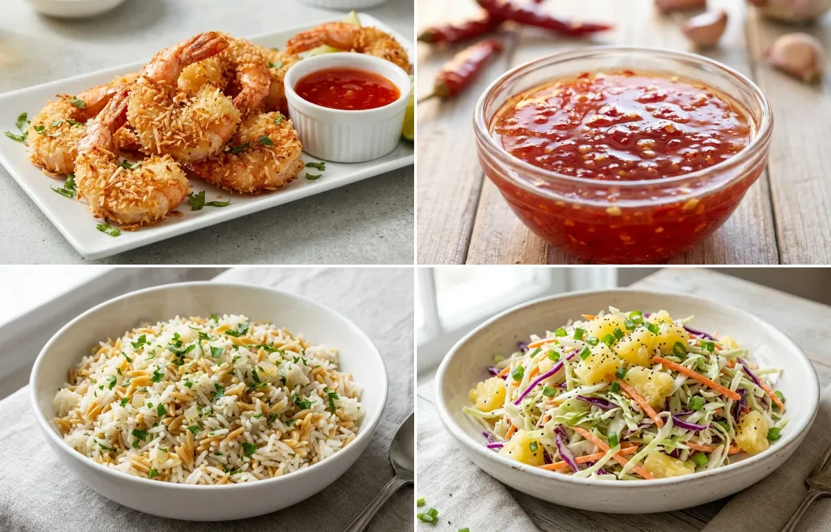 Coconut Shrimp with Sweet Chili Sauce, Rice Pilaf and Pineapple Coleslaw
