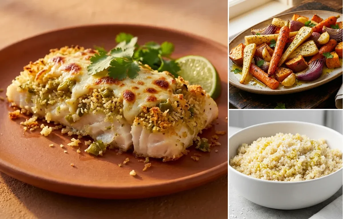 Cod with Green Chile Crust with Roasted Root Vegetables and Quinoa