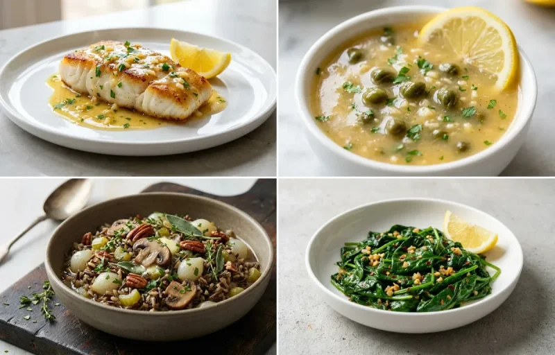 Cod with Lemon Butter Sauce with Lemon Caper Sauce, Herbed Wild Rice and Sauteed Spinach with Garlic