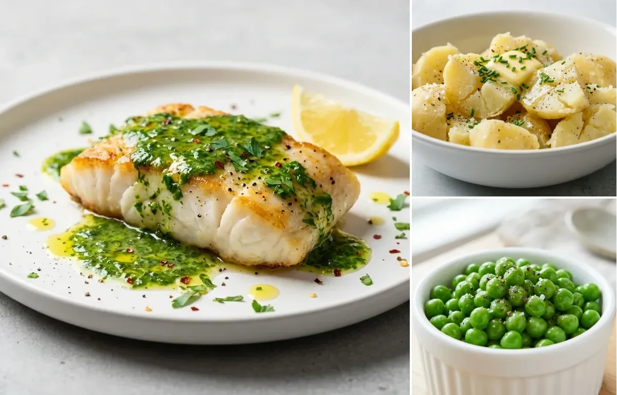 Cod with Parsley Sauce with Boiled Potatoes and Steamed Peas