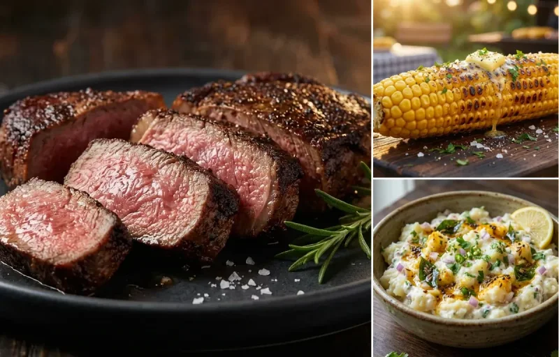 Coffee Rubbed Steak with Grilled Corn on the Cob and Potato Salad