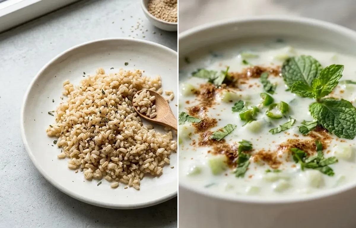 Cooked Brown Rice Half Cup with Baked Salmon, Cucumber Raita and Sprouted Kala Chana Chaat