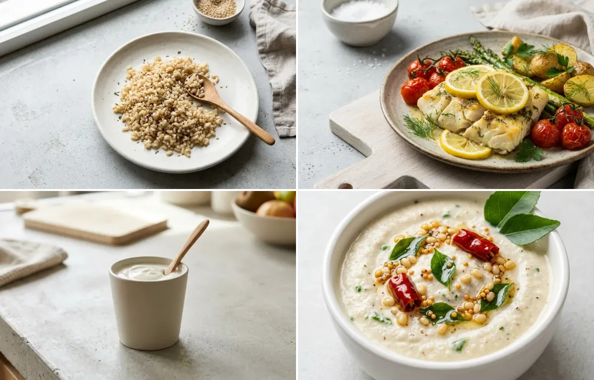 Cooked Brown Rice Half Cup with Black-Eyed Pea Curry, Baked Cod With Lemon, Plain Yogurt Cup and Coconut Chutney