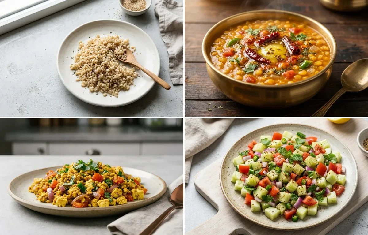 Cooked Brown Rice Half Cup with Chana Dal, Vegan Tofu Bhurji and No-Salt Lemon Cucumber Kachumber