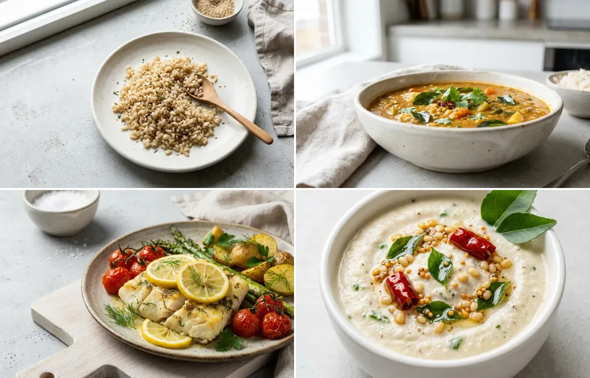 Cooked Steamed White Rice Half Cup with Drumstick Sambar, Baked Cod With Lemon, Curd Rice Snack Bowl and Coconut Chutney
