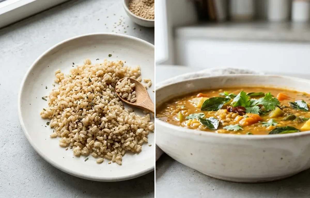 Cooked Steamed White Rice Half Cup with Drumstick Sambar, Prawn Curry, Mashed Sweet Potato and Curd Rice Snack Bowl