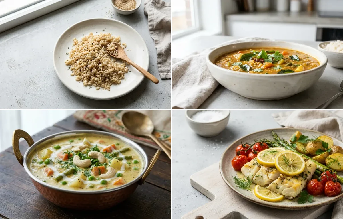 Cooked Steamed White Rice Half Cup with Drumstick Sambar, Vegetable Korma, Baked Cod With Lemon and Curd Rice Snack Bowl