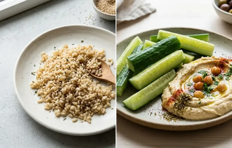 Cooked Steamed White Rice Half Cup with Egg Veggie Bake, Vegetable Veg Stir-Fry and Cucumber Sticks Hummus
