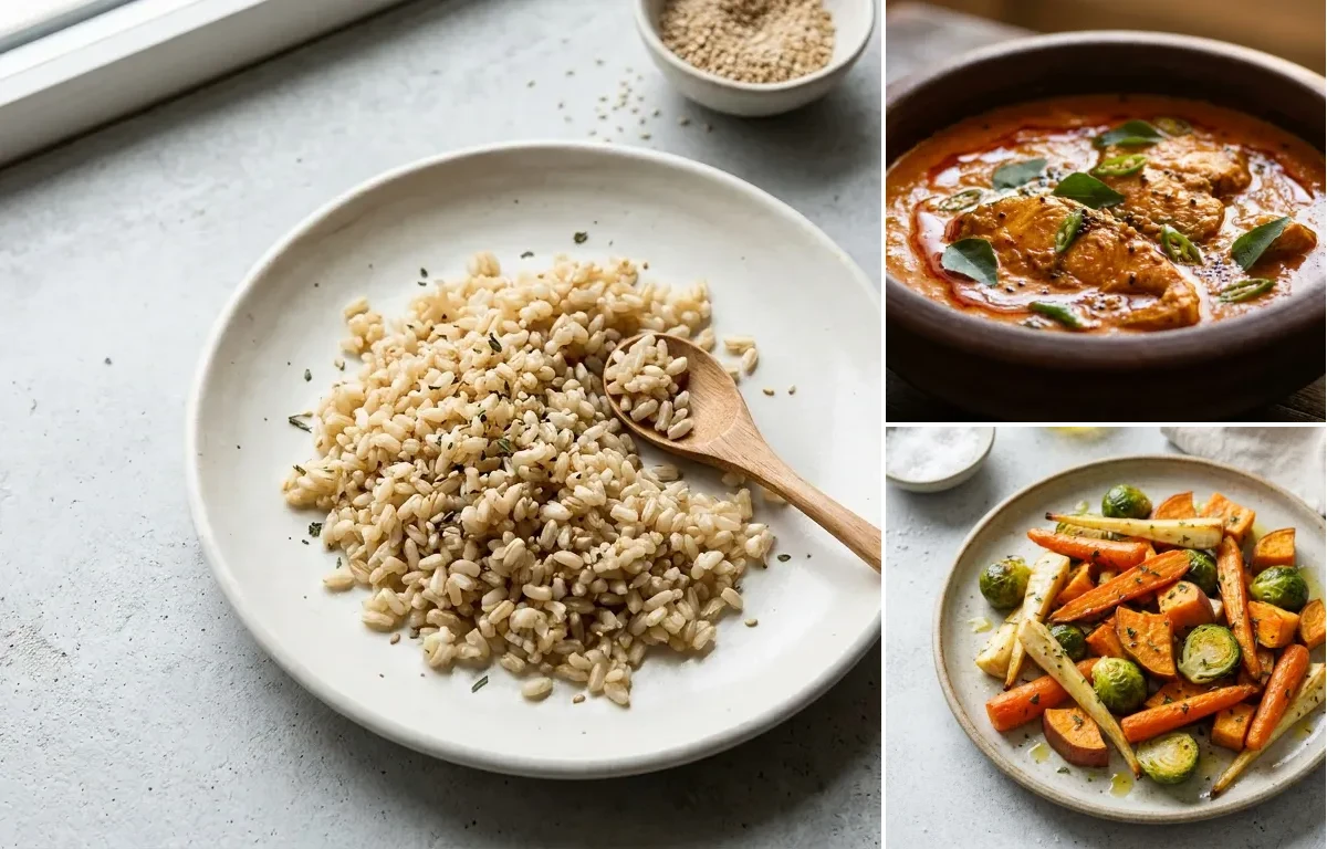 Cooked Brown Rice Half Cup with Fish Curry and Roasted Veg