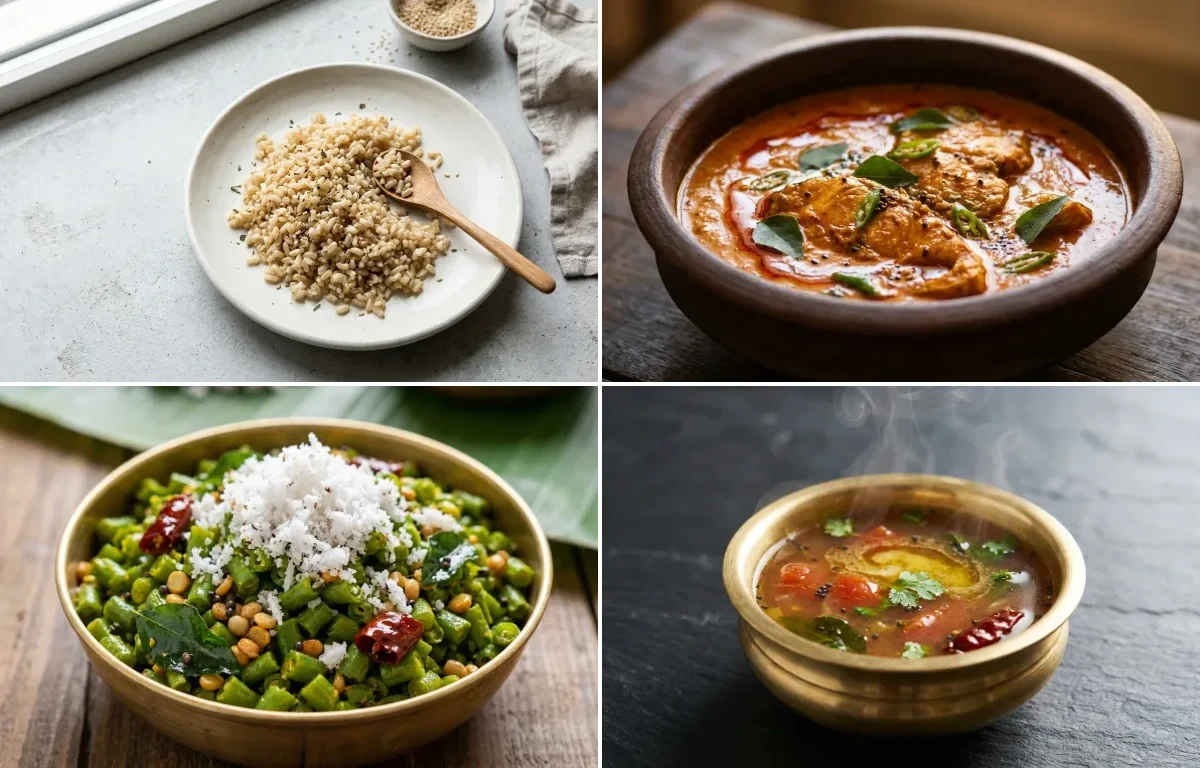 Cooked Brown Rice Half Cup with Fish Curry, Beans Poriyal, Rasam, Plain Yogurt Cup and Tomato Garlic Chutney