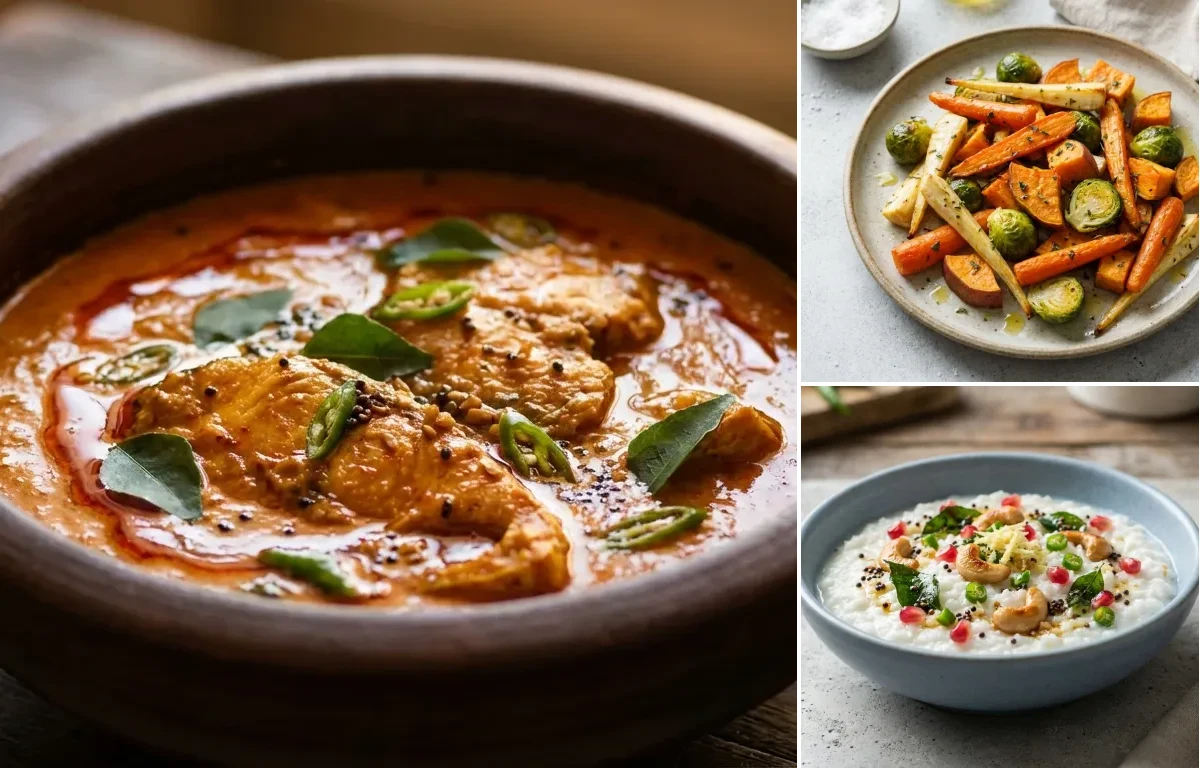 Cooked Steamed White Rice Half Cup with Fish Curry, Roasted Veg, Curd Rice Snack Bowl and Tomato Garlic Chutney