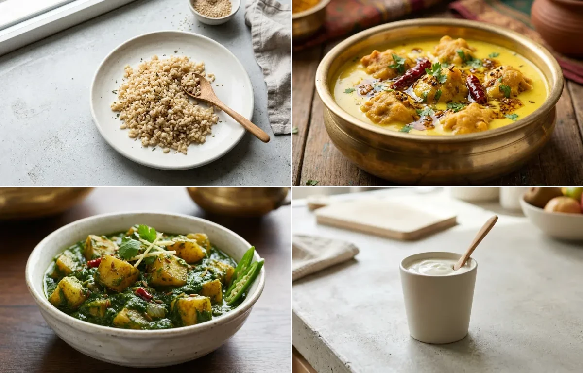 Cooked Brown Rice Half Cup with Kadhi Pakora, Aloo Palak, Plain Yogurt Cup and No-Salt Lemon Cucumber Kachumber