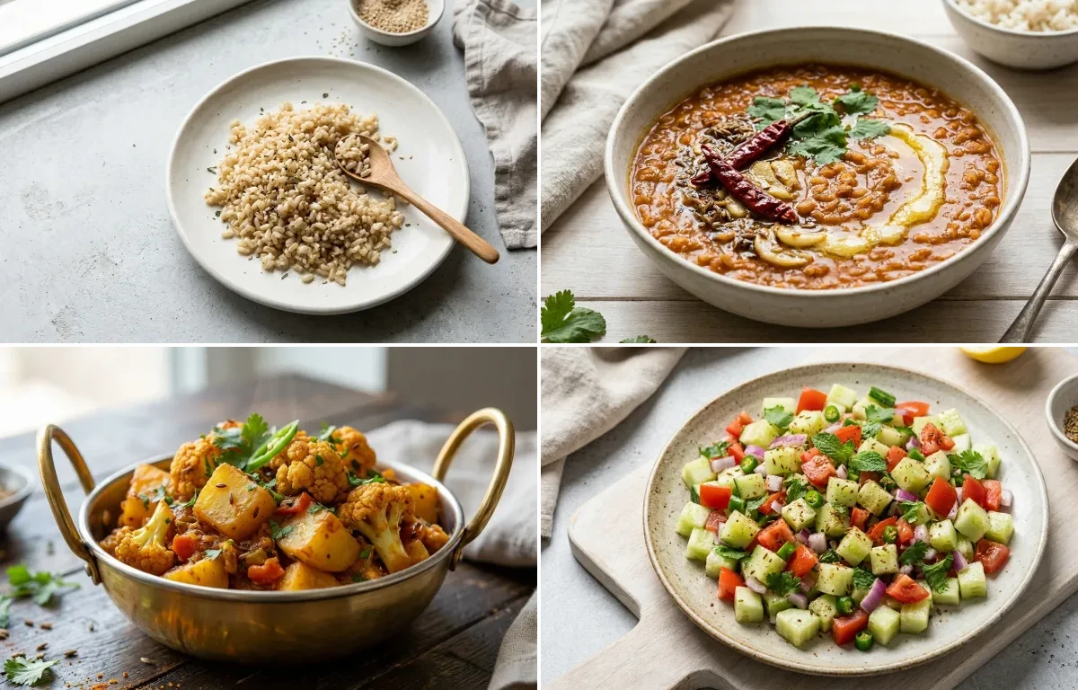 Cooked Brown Rice Half Cup with Masoor Dal, Aloo Gobi and No-Salt Lemon Cucumber Kachumber