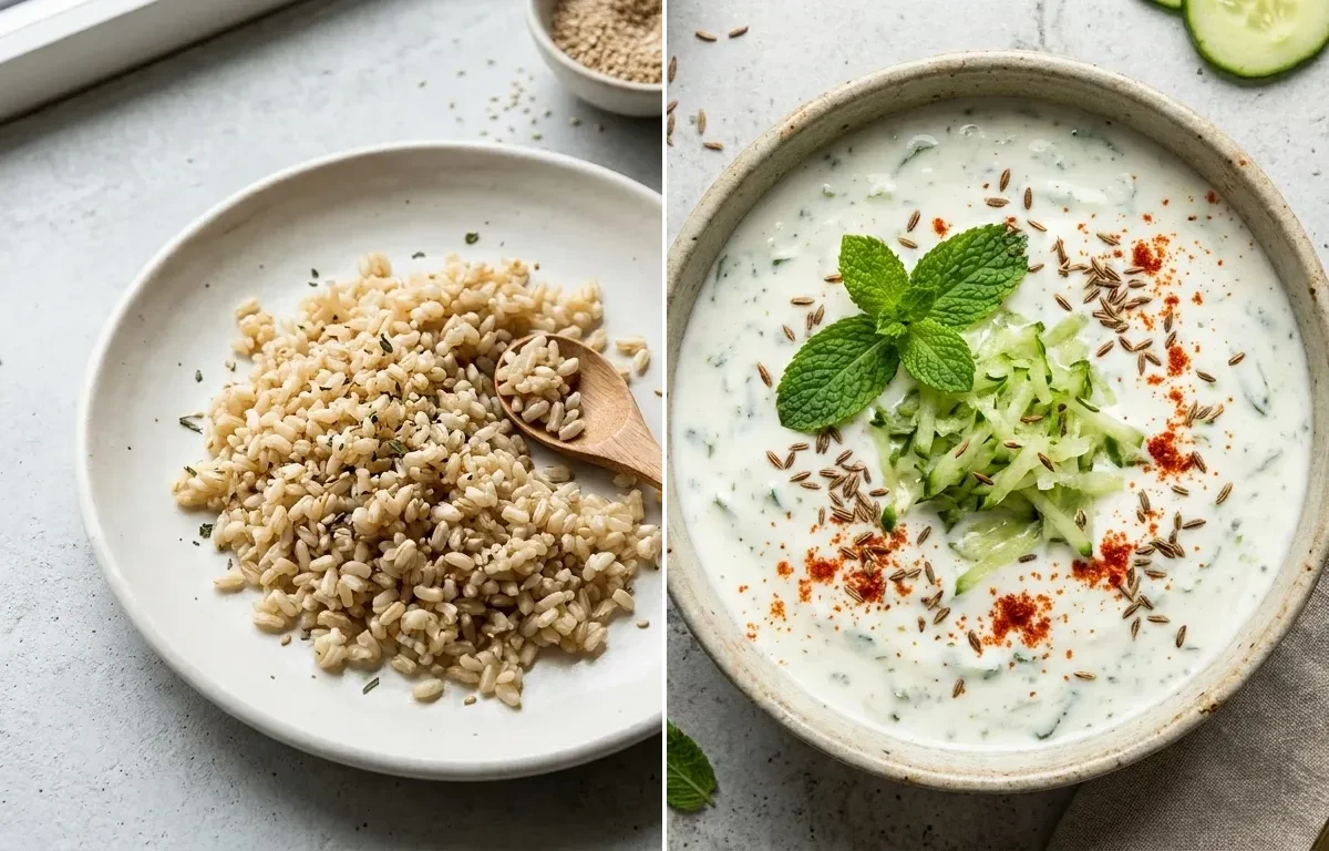 Cooked Steamed White Rice Half Cup with Paneer Chilla Roll and Cucumber Mint Raita