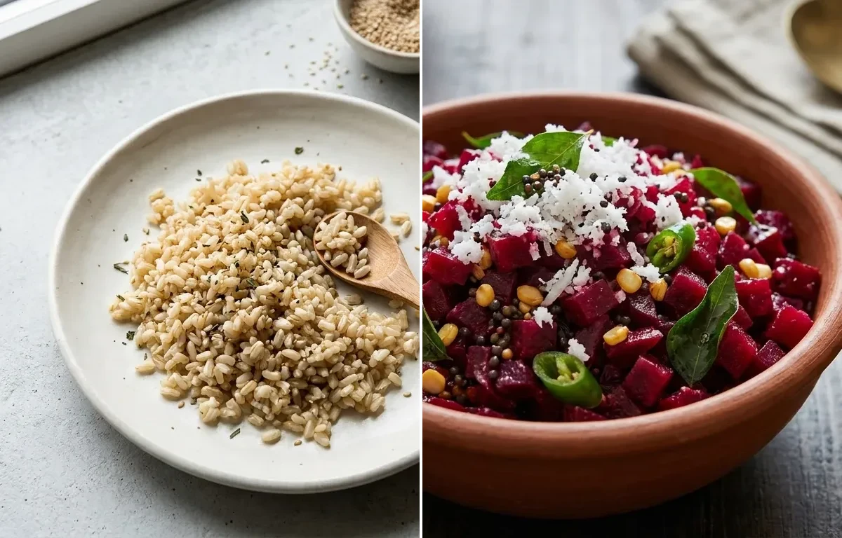 Cooked Steamed White Rice Half Cup with Prawn Curry, Vegan Coconut Lentil Curry, Beetroot Poriyal and Curd Rice Snack Bowl