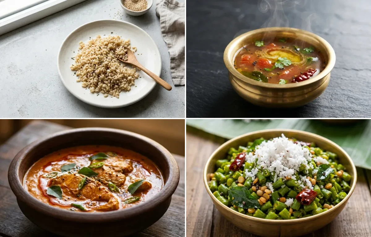 Cooked Steamed White Rice Half Cup with Rasam, Fish Curry, Beans Poriyal and Curd Rice Snack Bowl