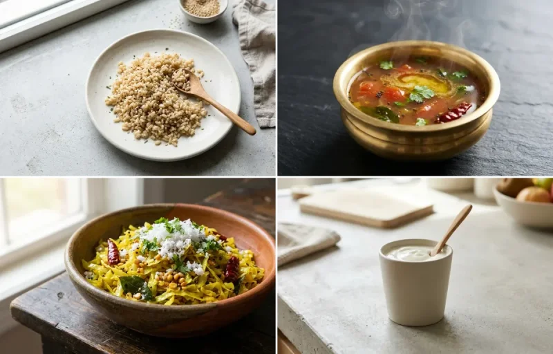 Cooked Steamed White Rice Half Cup with Rasam, Prawn Curry, Cabbage Poriyal and Plain Yogurt Cup